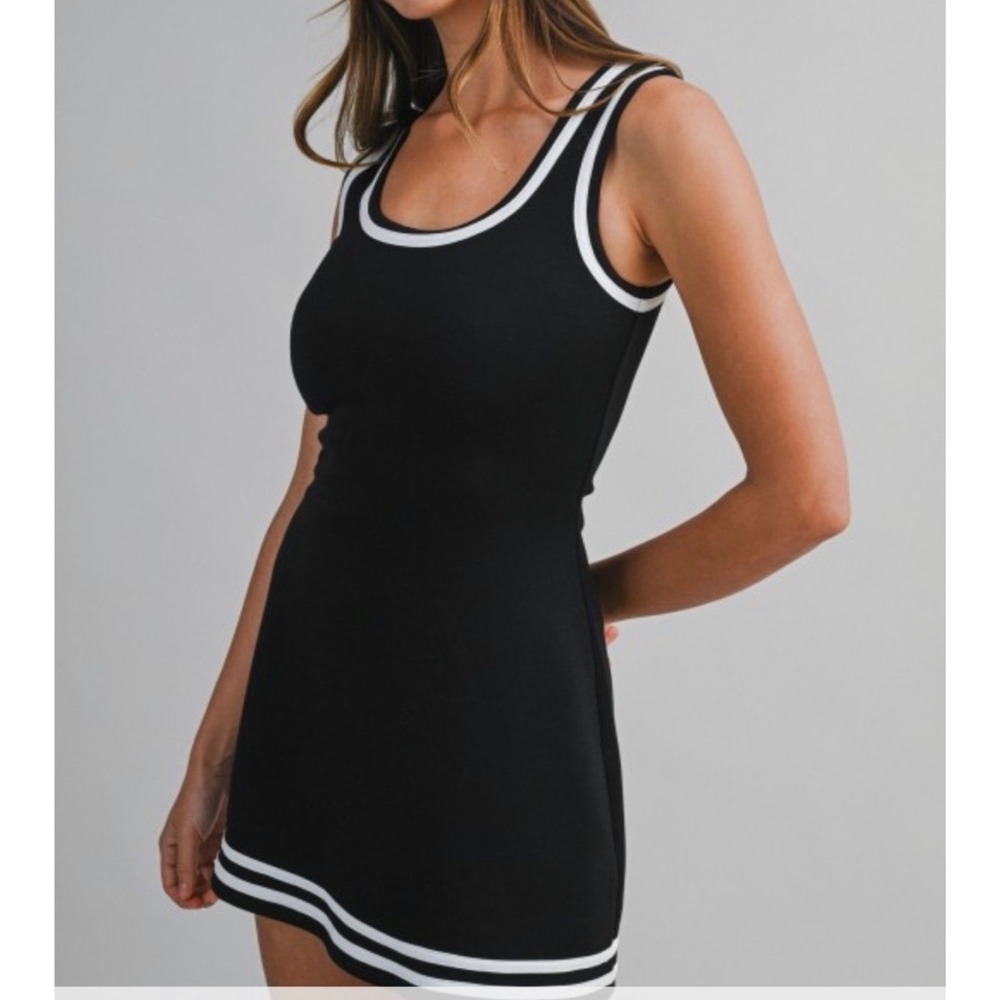 Mable Womens Black Active Tank Mini Dress White Stripe Trim Sporty Size L NWT